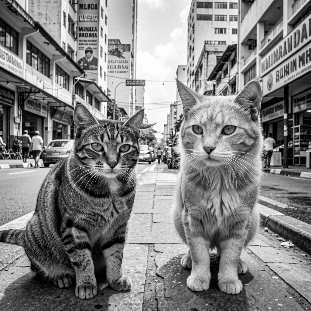 Channel Cat and Megathere in Manila, Philippines in the style of black and white