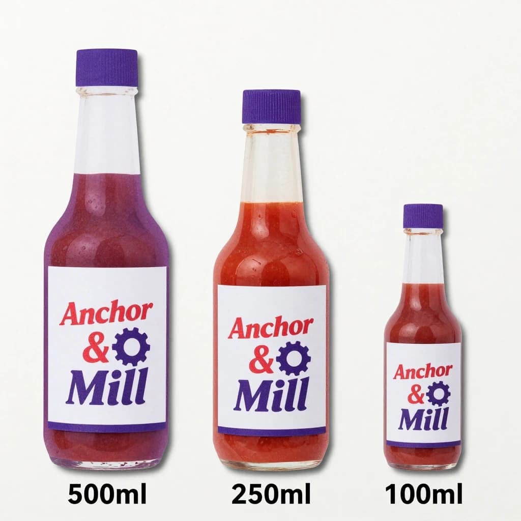 Cut-paper collage of the same hot-sauce bottle drawn in three sizes, captioned "500ml", "250ml" and "100ml", every size carrying the wordmark "Anchor & Mill" with a six-tooth gear mark beside it in the same purple-and-white coloring, only the bottle size changing.