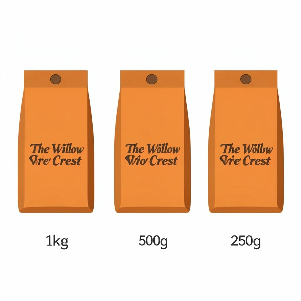 Flat vector illustration of the same coffee bag drawn in three sizes, captioned "1kg", "500g" and "250g", every size carrying the wordmark "The Willow Crest" in the same orange-and-brown coloring, only the bag size changing.