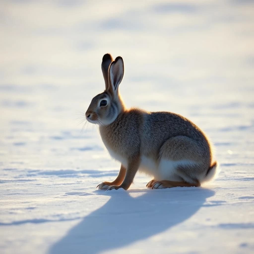 single arctic hare on smooth ice, noon