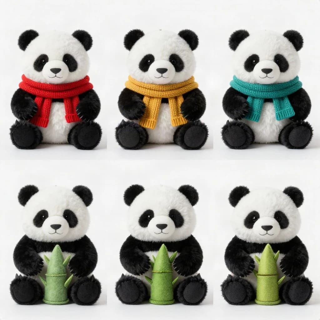 Studio product photography, plain white variant grid: six panda plushes in two rows of three, all seated facing camera. The top row wears knit scarves in red, mustard and teal. The bottom three wear no scarves, each holding a small felt bamboo shoot.