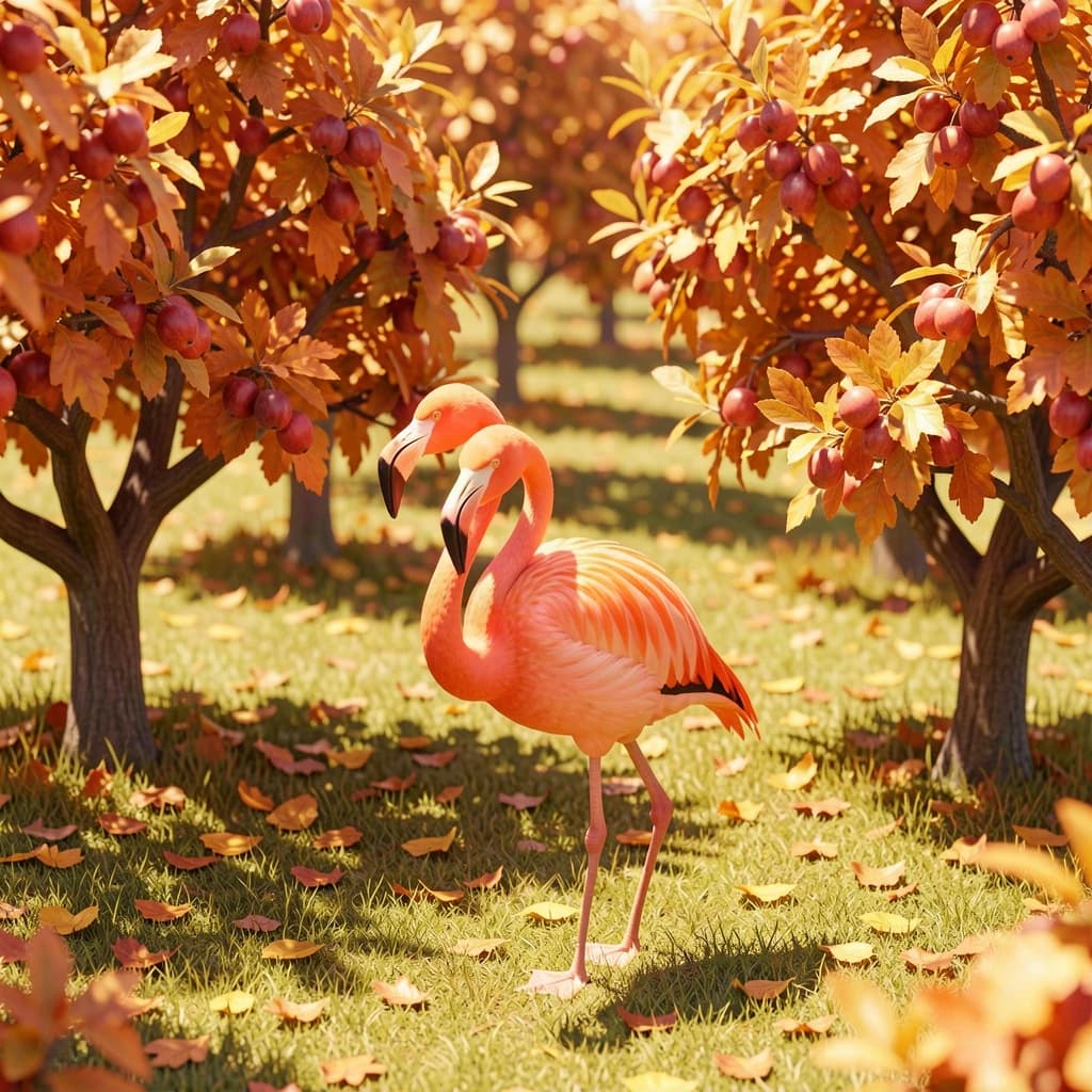flamingo, autumn orchard, bright midday sun, telephoto compression, isometric 3D, subtle texture