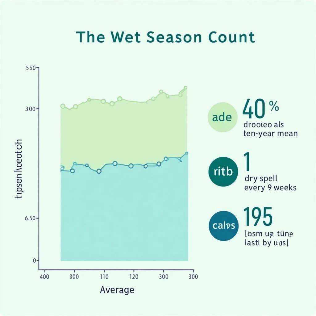 Flat vector illustration titled "The Wet Season Count": at the center a twelve-month rainfall timeline, carrying two keyed regions, "Average" shaded pale green and "Wettest" shaded dark blue, beside a right column of three stat chips reading "40% above the ten-year mean", "1 dry spell every 9 weeks" and "195 rain days last year".
