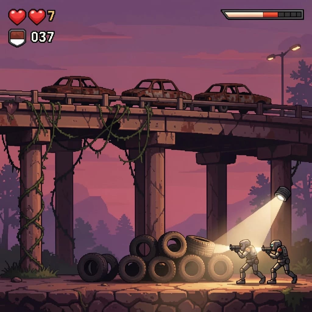 Side-scrolling pixel art screenshot from a post-apocalyptic survival platformer, dusk palette of rust and violet. A collapsed highway overpass cuts diagonally across the frame on four concrete support pillars, the second from the left snapped in half and wrapped in vines. On the deck above sit three burnt-out cars nose to tail, only the middle one still upright. Below, the player crouches behind a barricade of five stacked tires while two scavenger drones sweep flashlight cones in from the right. Top-left interface: three heart icons with the last half empty, a scrap counter reading "037", and a thin compass strip.