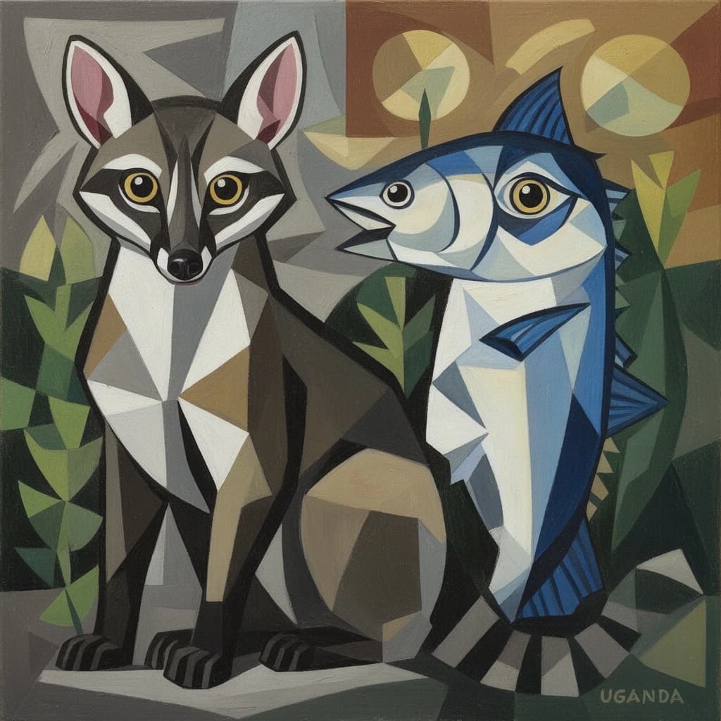 Bassarisk and Skipjack in Kampala, Uganda in the style of cubist