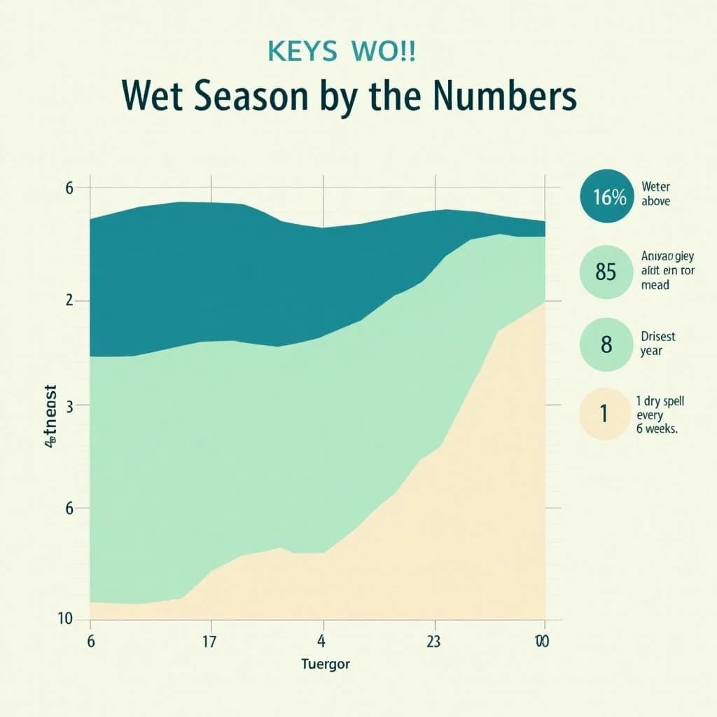 Flat vector illustration titled "Wet Season by the Numbers". A twelve-month rainfall timeline sits at the center, carrying three keyed regions, "Wettest" shaded dark blue, "Average" shaded pale green and "Driest" shaded sand. Three stat chips run down a right column, reading "16% above the ten-year mean", "85 rain days last year" and "1 dry spell every 6 weeks". Each key color matches the shading of the region it names.
