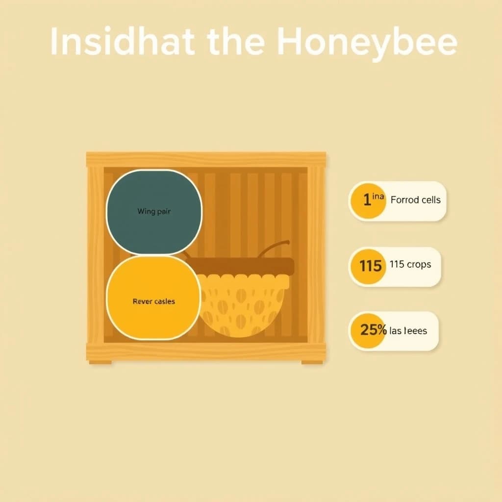 Flat vector illustration titled "Inside the Honeybee": at the center a cutaway of a hive frame, carrying three keyed regions, "Wing pair" shaded slate, "Brood cells" shaded olive and "Pollen basket" shaded amber, beside a right column of three stat chips reading "1 in 8 foragers never returns", "115 crops rely on bees" and "25% of hives lost last winter".