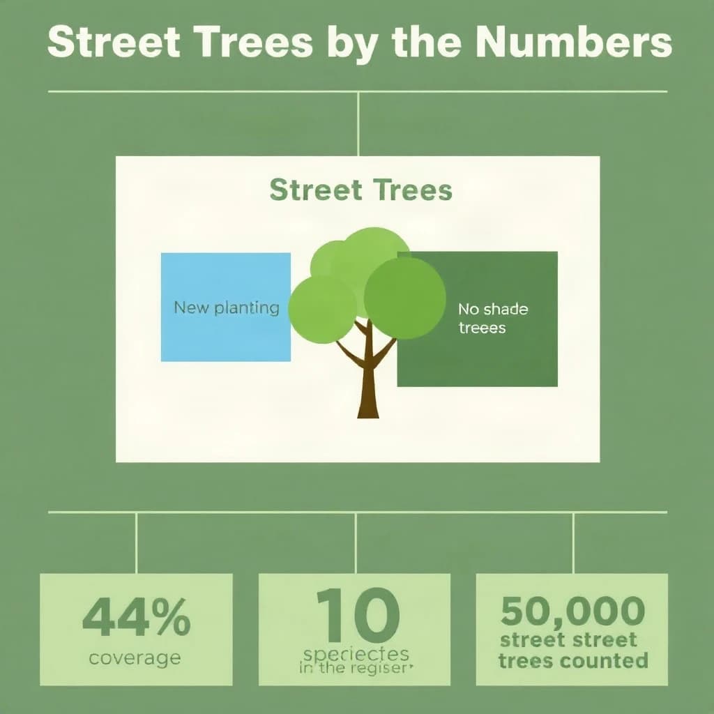 Flat infographic titled "Street Trees by the Numbers": at the center a labeled street-tree diagram, carrying two keyed regions, "New planting" shaded light blue and "Most trees" shaded dark green, beside a bottom row of three stat chips reading "44% shade coverage", "110 species in the register" and "51,000 street trees counted".