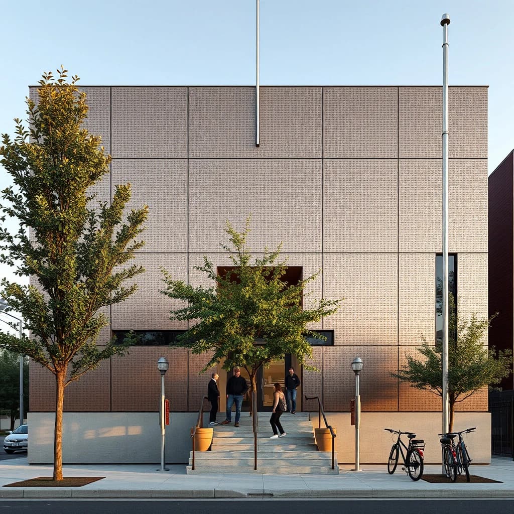 Photorealistic exterior render, late afternoon, of a small civic library clad in perforated bronze panels whose holes form a halftone pattern, dense and dark at the base and fading to sparse near the parapet.
Nine panels span the main facade in three bays of three, and the middle bay slides open to reveal clear glazing behind. Two street trees stand in front, the taller one shading the entrance stair, the shorter one set back beside a bike rack holding four bikes. Five people on the stair, three climbing and two seated near the handrail. One flagpole, bare.