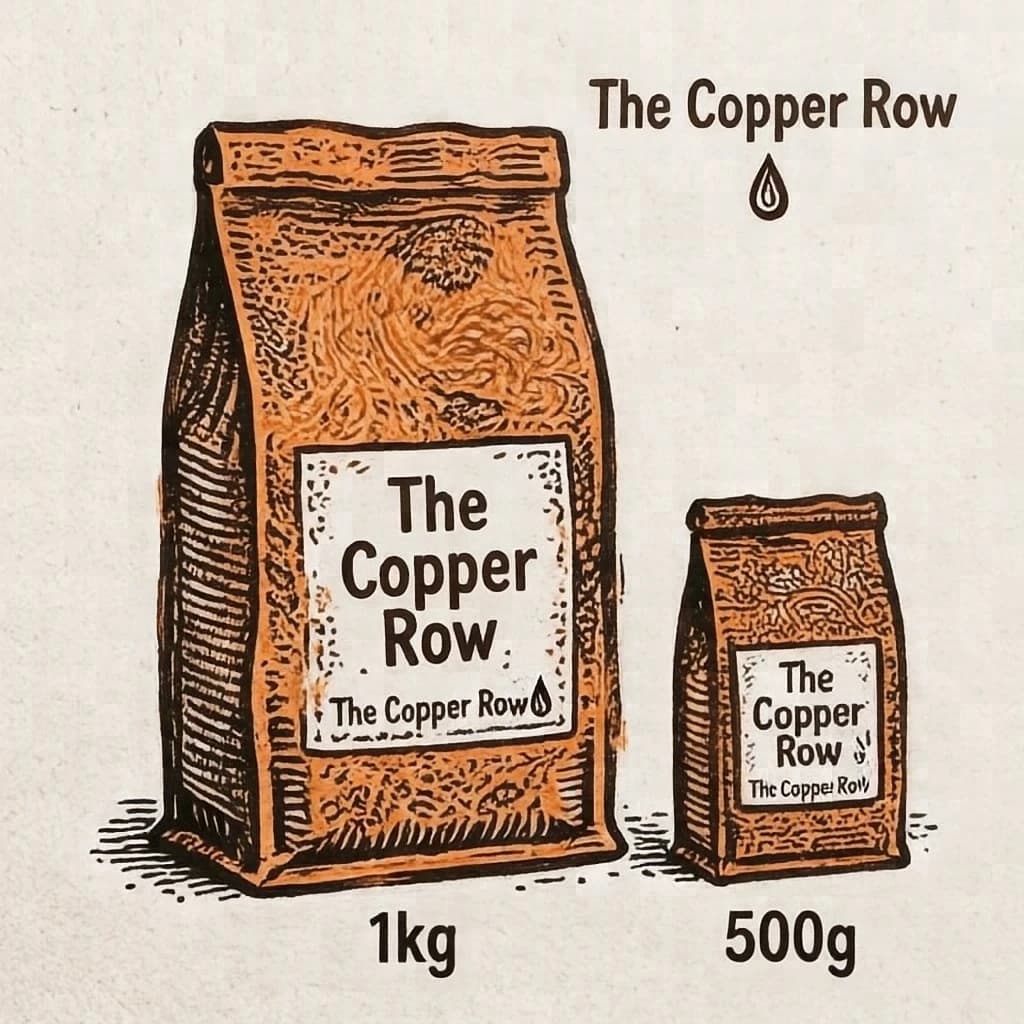 Linocut print: one coffee bag in three sizes. The sizes are captioned "1kg", "500g" and "250g" in that order. The wordmark "The Copper Row" appears on every size with a single droplet symbol beside it. The orange-and-brown coloring is the same across every size, and only the bag size changes.