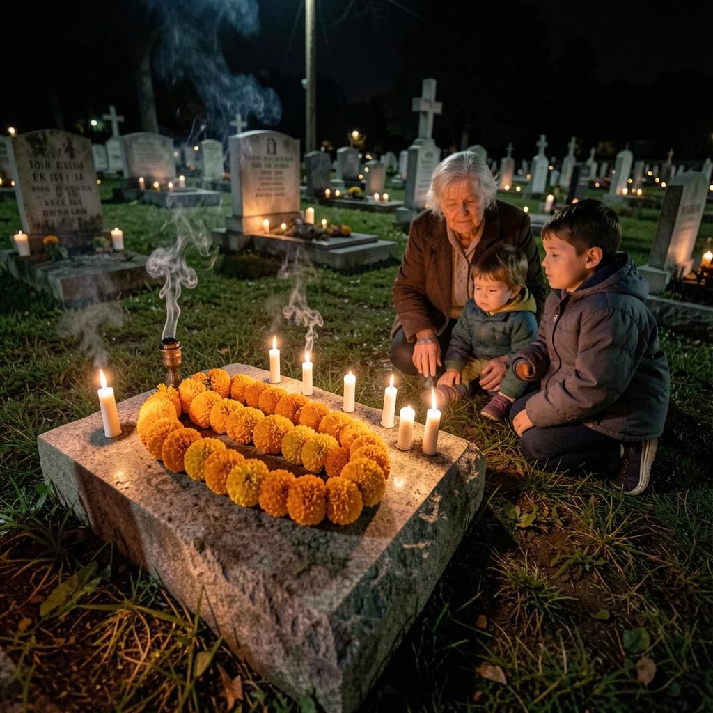 Photojournalism frame from a cemetery vigil at night: one grave slab carrying seven marigold garlands and nine lit candles, three of the candles guttered out and smoking, a grandmother and two children kneeling along the near edge.