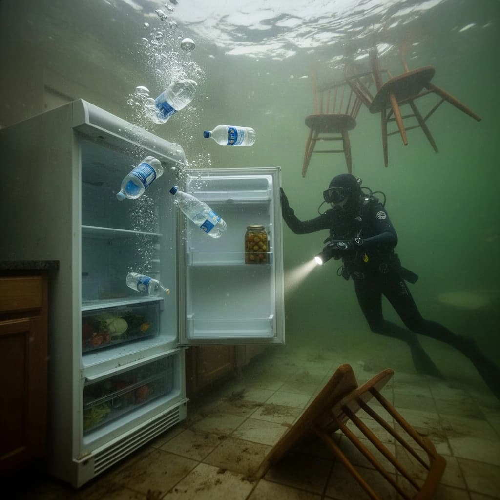 Underwater photograph inside a flooded apartment kitchen, silt green water, one window's worth of light from above. The refrigerator stands with its door swung open; three plastic bottles drift upward out of it, one still capped and two open and trailing bubbles, while a jar of pickles stays wedged on the middle shelf. A diver in a black wetsuit hovers to the right of the door, one hand on the top hinge, the other aiming a torch into the empty vegetable drawer. Two wooden chairs float against the ceiling above her, a third lies on its side on the tiles. Suspended particles, cold contrast, slow shutter softness.
