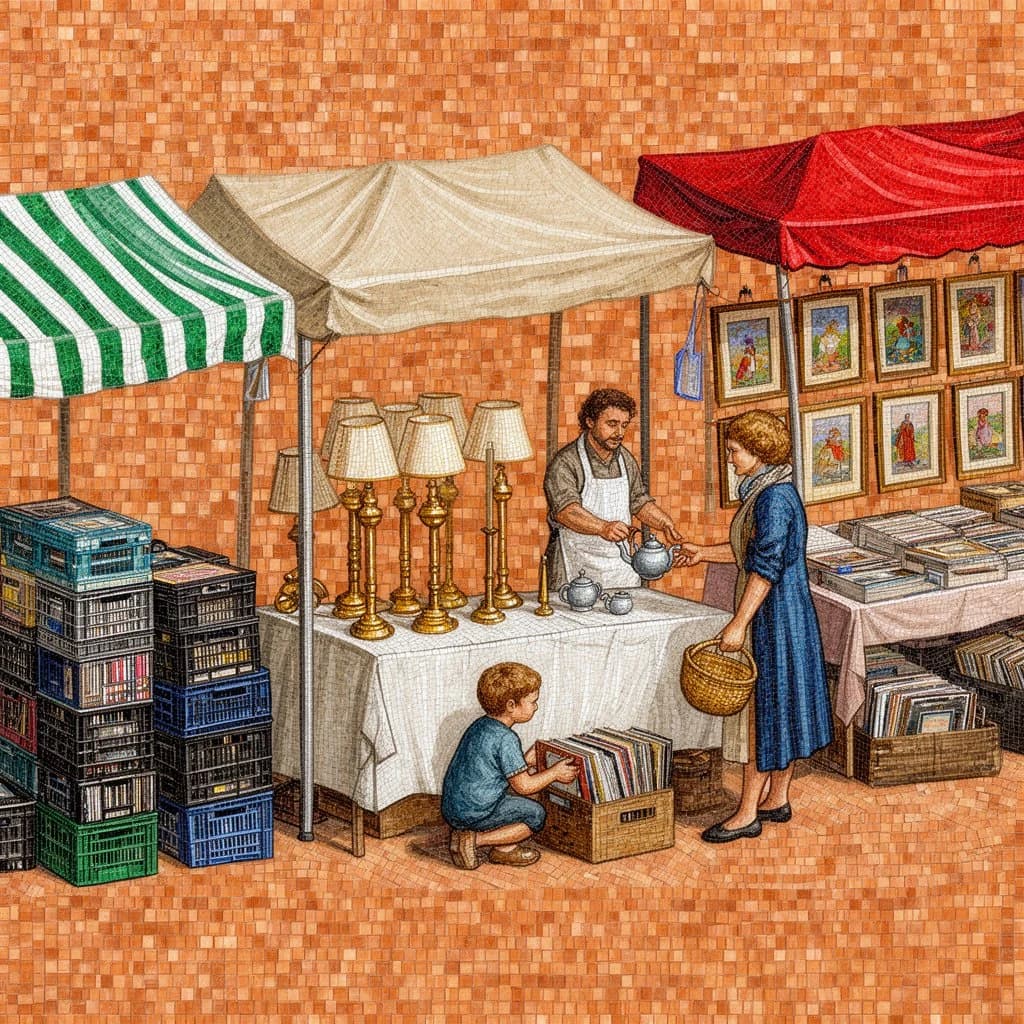 Glass tile mosaic of a Sunday flea market seen from a slightly raised angle, small square tesserae and warm terracotta grout. Three stall awnings in a row: the left one striped green and white over stacked vinyl crates, the middle plain canvas over six brass lamps with only the two tallest wearing shades, the right red awning hung with nine framed pictures in three rows of three. Under the middle awning a vendor in an apron hands a teapot across the table to a woman holding a straw basket, while a boy crouches at her feet by a crate of records. No lettering anywhere.