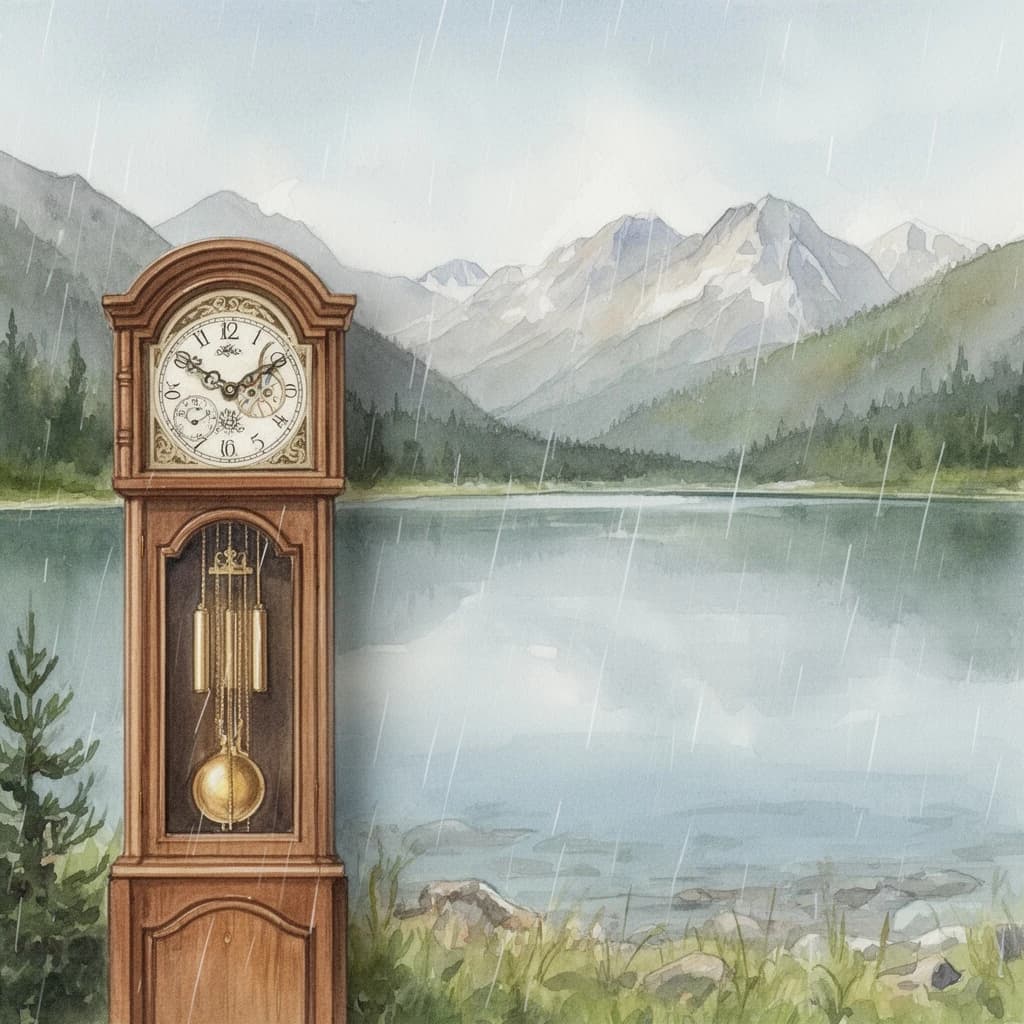 grandfather clock, mountain lake, light rain, overhead flat lay, watercolor, soft edges