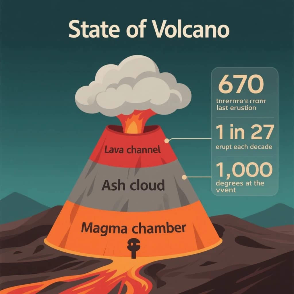 Flat vector illustration titled "State of Volcano": at the center a cutaway cone, carrying three keyed regions, "Lava channel" shaded red, "Ash cloud" shaded gray and "Magma chamber" shaded orange, beside a right column of three stat chips reading "670 tremors before the last eruption", "1 in 27 erupt each decade" and "1,000 degrees at the vent".