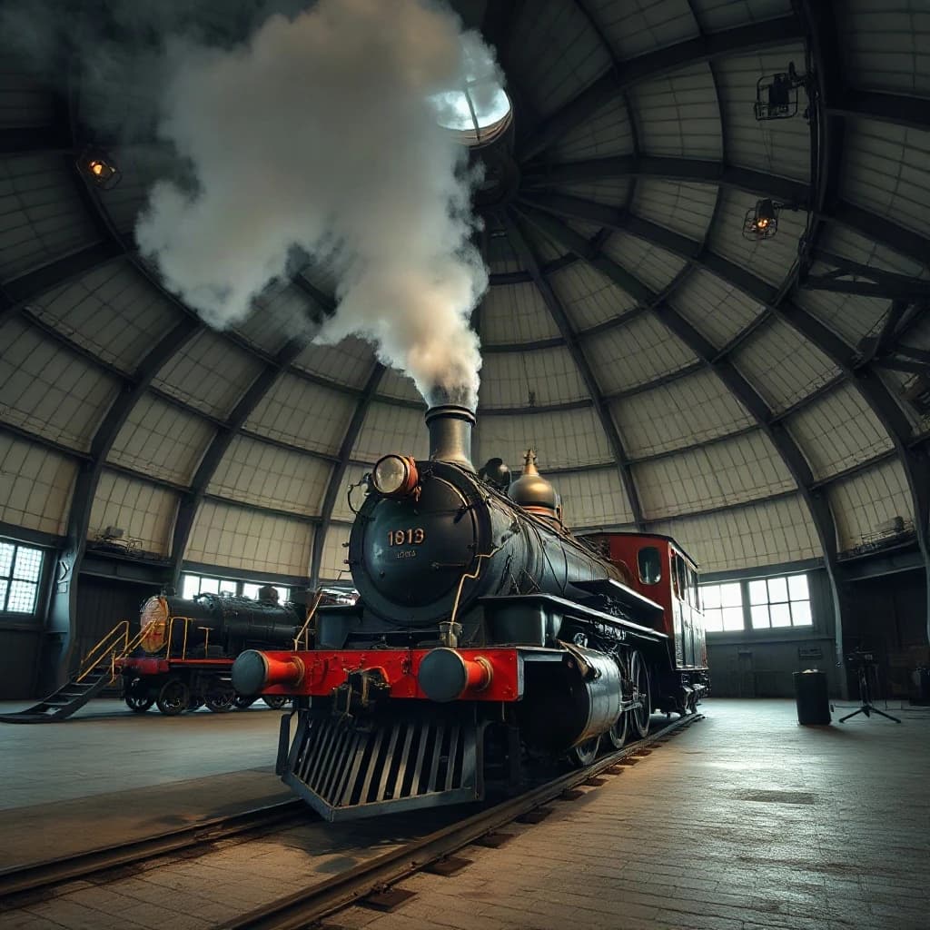 85mm f/2.8 full-length framing of a steam locomotive inside an observatory dome, side-lit, soft falloff at the edges, medium-format look