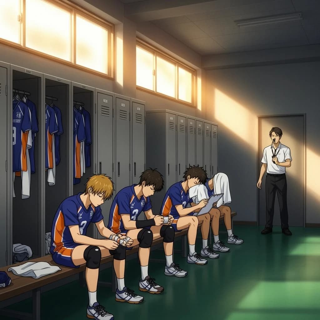 Modern anime interior for a high school volleyball series, wide view down a team locker room after practice. Eight lockers along the back wall in two banks of four, the three on the far left hanging open with jerseys spilling out and the rest shut. Four players occupy the foreground bench: the setter re-taping two fingers, the libero pulling on a knee sleeve, the captain reading a clipboard, and a first year asleep sitting upright with a towel over his face. A coach stands in the right doorway holding a whistle, half in shadow. Warm late-sun bars fall through high frosted windows, cel shading, clean bold linework.