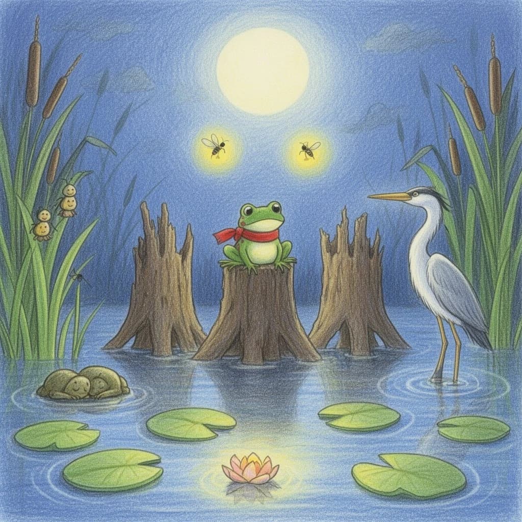 Story card in soft children's book illustration with crayon texture. A moonlit swamp with three cypress stumps in a row across the water. A small green frog in a red scarf sits on the middle stump. Two fireflies circle above his head while four more sit sleeping on the reeds to the left. A heron stands knee deep at the right edge, looking away from the frog. Nine lily pads float across the foreground, only one of them carrying a flower.