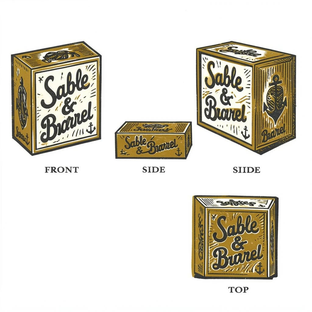 Linocut print: one board-game box in three views. The views are captioned "front", "side" and "top" in that order. The wordmark "Sable & Barrel" appears on every view with a small anchor mark beside it. The mustard-and-charcoal coloring is the same across every view, and only the angle changes.