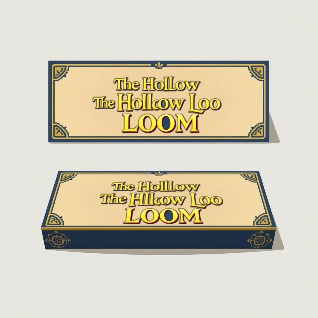 Flat vector illustration of the same board-game box drawn in three views, captioned "front", "side" and "top", every view carrying the wordmark "The Hollow Loom" in the same navy-and-gold coloring, only the angle changing.