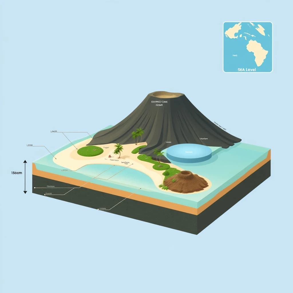 Cross section of a volcanic tropical island as a flat academic figure with clean colour blocks and a horizontal sea level line. Reading from the ocean on the left toward the right: a fringing reef crest, a shallow lagoon holding three coral heads, a white sand beach, a coconut palm belt of five trees, then a rising basalt cone with two lava layers picked out in darker grey, and a freshwater lens drawn as a pale blue dome under the middle of the island. Below sea level the flanks drop in three stepped terraces to a flat deep floor. Eight leader line labels, a depth scale down the left edge, and a small locator inset in the top right.
