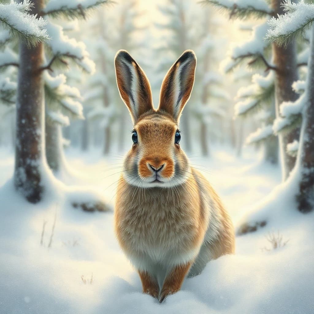 An arctic hare covered in morning dew in a snowy pine forest, in dappled afternoon light, symmetrical head-on framing, pastel drawing style.