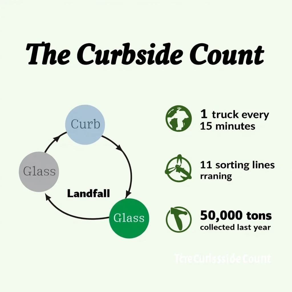 Printed poster titled "The Curbside Count": at the center a flow chart from curb to sorting floor, carrying two keyed regions, "Glass" shaded green and "Landfill" shaded gray, beside a right column of three stat chips reading "1 truck every 15 minutes", "11 sorting lines running" and "35,000 tons collected last year".