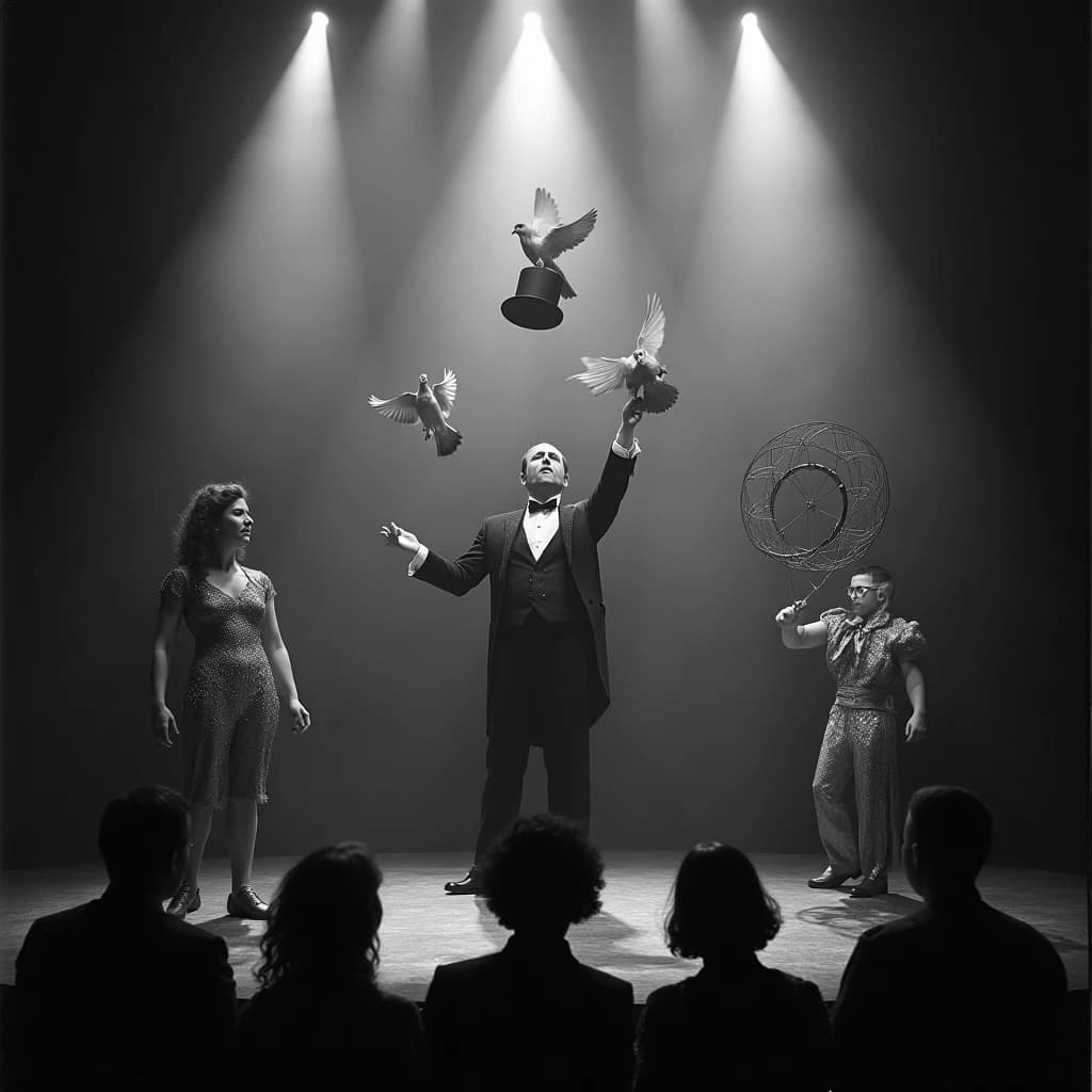 Black and white theatre still, harsh footlights raking up from below. A magician in tails stands centre stage releasing two doves from an upturned top hat, a third dove already perched on his left shoulder and a fourth settling on the wire cage at stage right. To his right an assistant in a sequined leotard holds a swaying hoop; to his left a boy in a bellhop uniform kneels holding the hat's velvet cover. In the front row, five silhouetted heads, only the second from the left leaning forward. Deep contrast, heavy silver grain, smoke drifting through the beams.