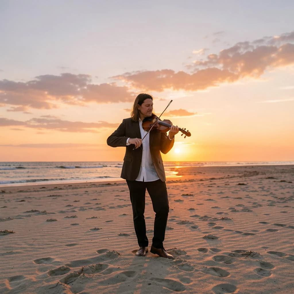still violinist on open sand, sunset