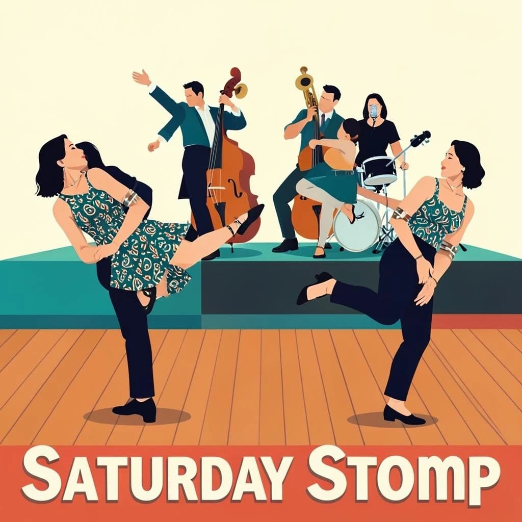 Flat design poster for a swing dance night. Four couples on a wooden floor, each caught in a different move: the front couple in a lift with the follower's feet off the ground, behind them a couple in a side by side kick, a third couple joined by one hand mid spin, and a fourth couple frozen in a dip near the back wall. All followers wear patterned dresses, all leaders wear braces and rolled sleeves. On a low stage behind them, a five piece band: two trumpets, a double bass, a drummer and a singer at a chrome microphone. Bold flat shapes, cream, teal and tomato red. "Saturday Stomp" in chunky letters along the bottom.