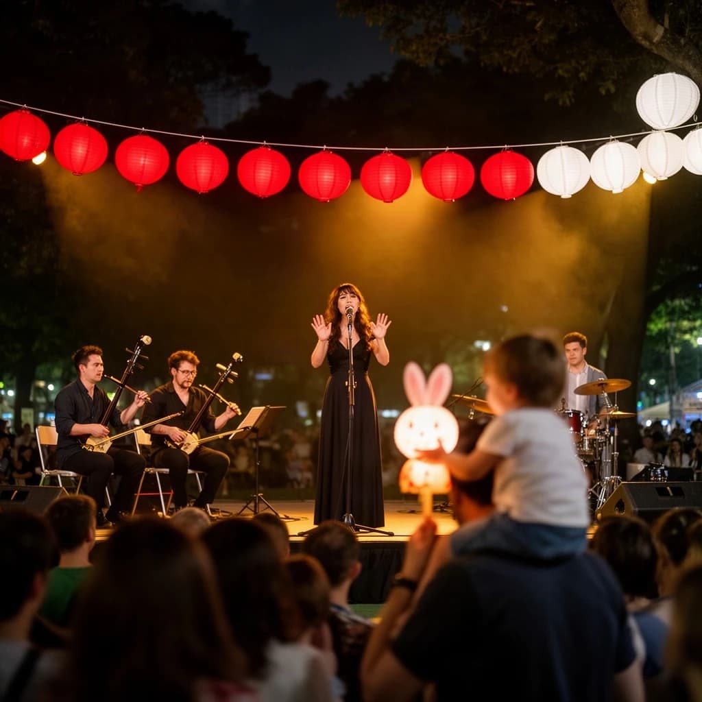 Concert photography, a Mid-Autumn Festival night in a Hong Kong park, shot from inside the crowd toward a low stage lit by warm floods. A singer at the centre microphone holds a note with both hands off the stand; on her left two erhu players sit side by side, on her right a single drummer stands. Eleven paper lanterns hang above the stage, the seven red ones strung in a line and the four white ones clustered at the right end. In the near foreground, out of focus, a child on a father's shoulders holds a rabbit lantern.