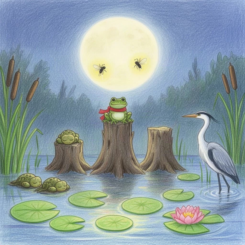 Story card in soft children's book illustration with crayon texture. A moonlit swamp with three cypress stumps in a row across the water. A small green frog in a red scarf sits on the middle stump. Two fireflies circle above his head while four more sit sleeping on the reeds to the left. A heron stands knee deep at the right edge, looking away from the frog. Nine lily pads float across the foreground, only one of them carrying a flower.