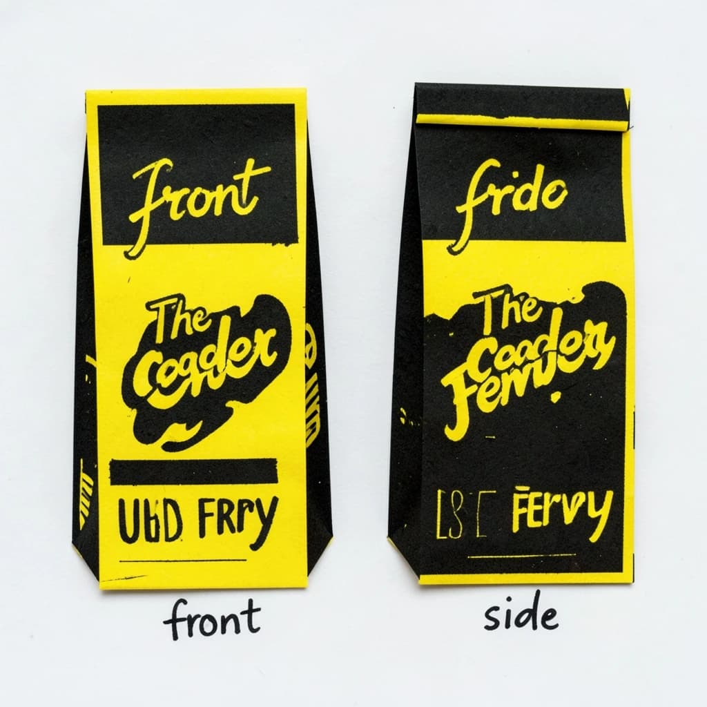 Cut-paper collage: one coffee bag in two views. The views are captioned "front" and "side" in that order. The wordmark "The Cedar Ferry" appears on every view. The black-and-yellow coloring is the same across every view, and only the angle changes.