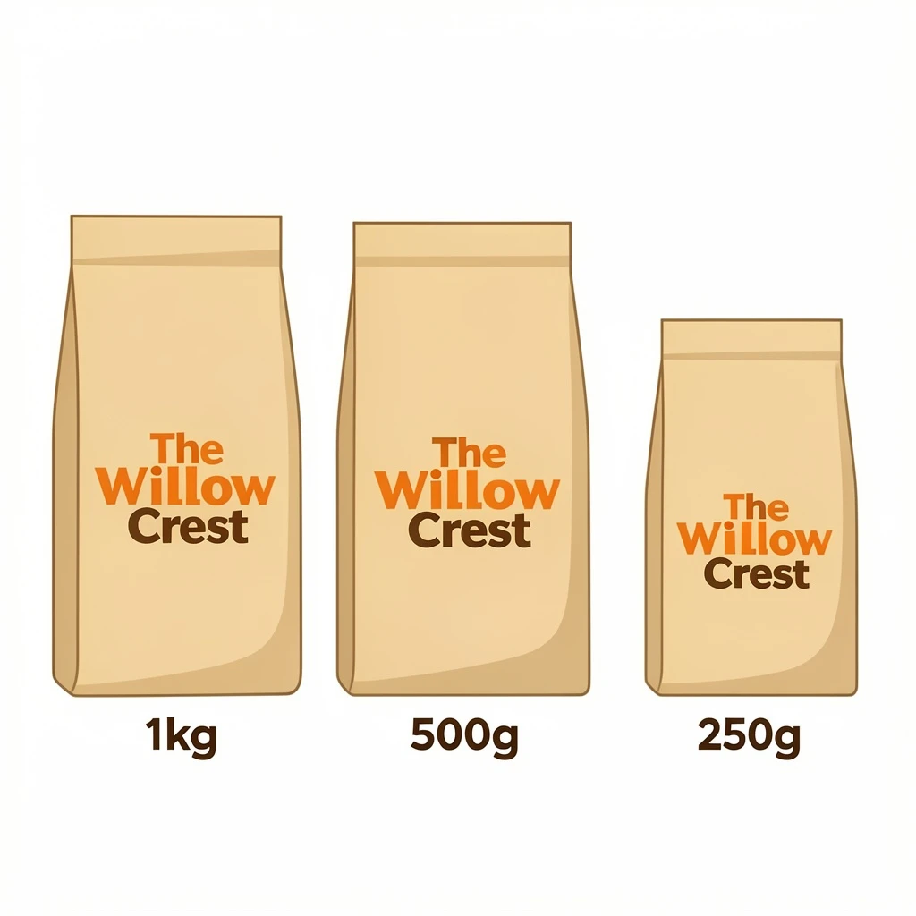 Flat vector illustration of the same coffee bag drawn in three sizes, captioned "1kg", "500g" and "250g", every size carrying the wordmark "The Willow Crest" in the same orange-and-brown coloring, only the bag size changing.