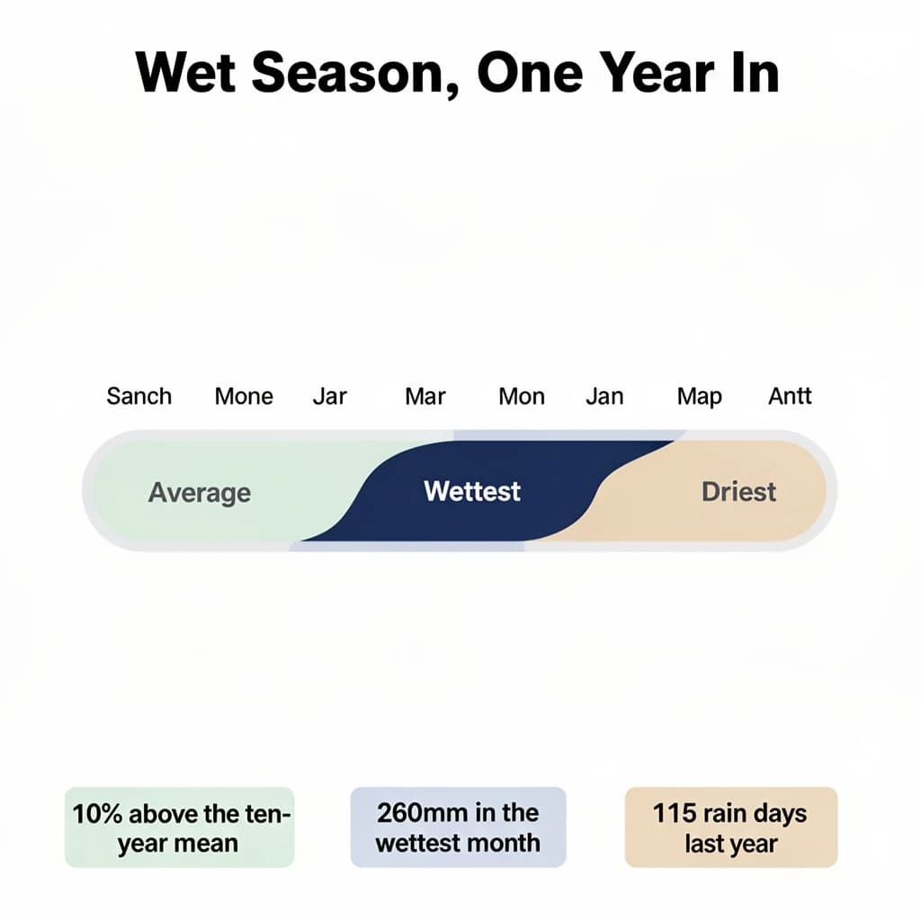 Flat vector illustration titled "Wet Season, One Year In". A twelve-month rainfall timeline sits at the center, carrying three keyed regions, "Average" shaded pale green, "Wettest" shaded dark blue and "Driest" shaded sand. Three stat chips run down a bottom row, reading "10% above the ten-year mean", "260mm in the wettest month" and "115 rain days last year". Each key color matches the shading of the region it names.