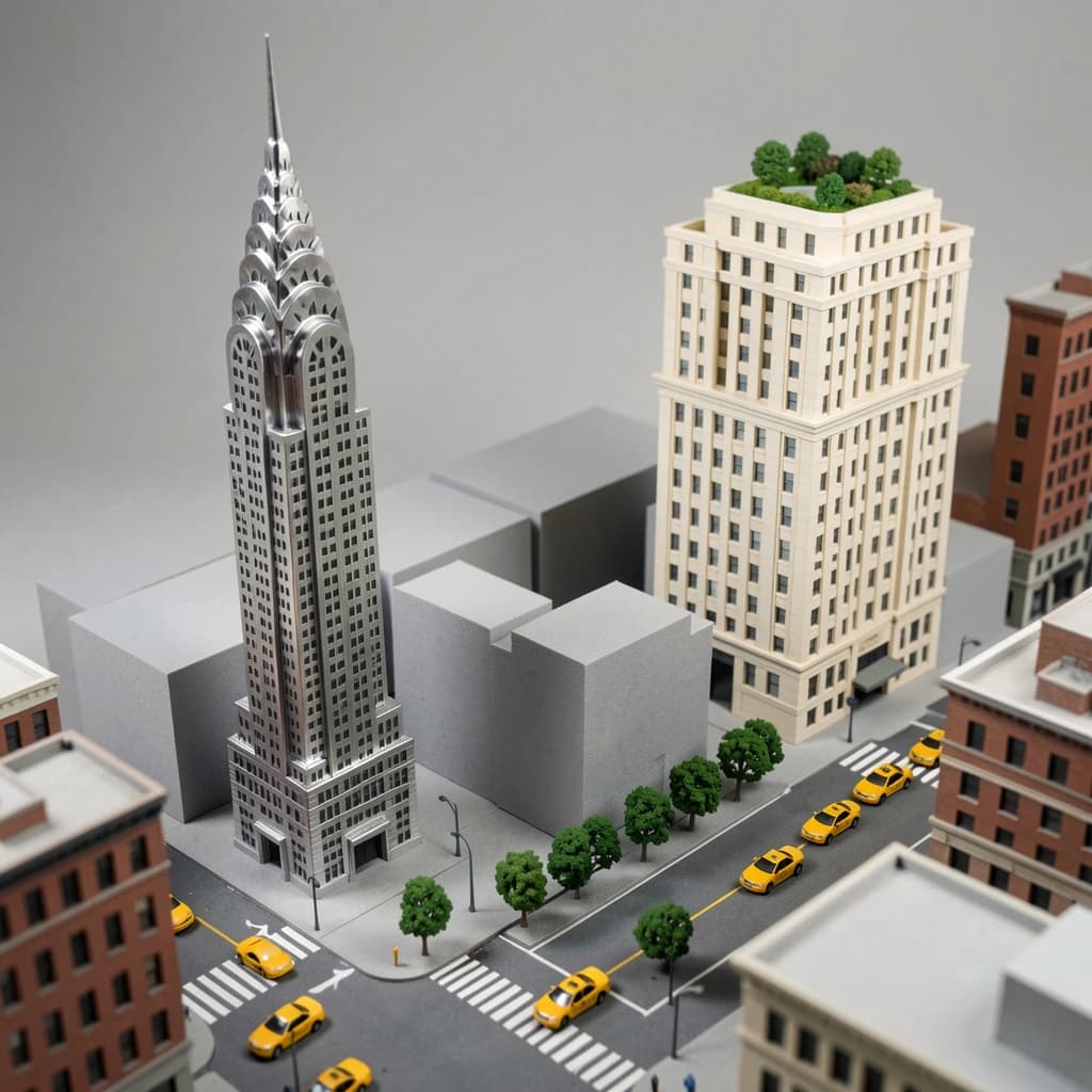 Tilt shift photograph of a hand built architectural scale model of a Midtown Manhattan block, studio lit from the upper left.
The Chrysler Building stands on the corner in polished silver card with its stepped crown and triangular windows. Directly across the street sits a proposed cream limestone tower, two floors shorter, topped by a stepped roof garden. Between them four smaller grey massing blocks in plain foam. Six tiny yellow cabs on the avenue, three stopped at the crossing and three queued behind, with a line of green model trees down the median.