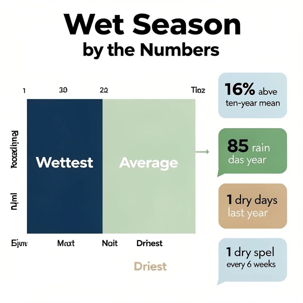 Flat vector illustration titled "Wet Season by the Numbers". A twelve-month rainfall timeline sits at the center, carrying three keyed regions, "Wettest" shaded dark blue, "Average" shaded pale green and "Driest" shaded sand. Three stat chips run down a right column, reading "16% above the ten-year mean", "85 rain days last year" and "1 dry spell every 6 weeks". Each key color matches the shading of the region it names.