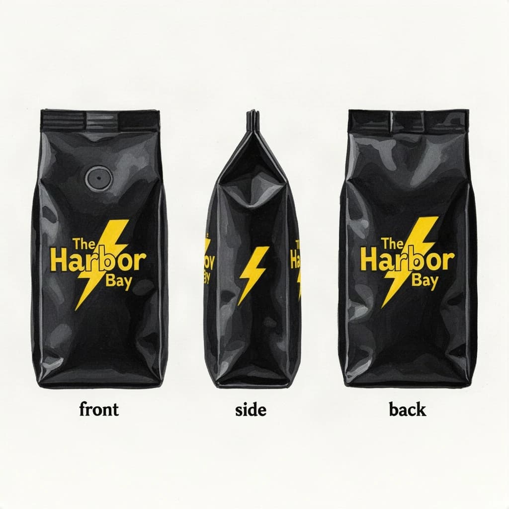 Gouache painting of the same coffee bag drawn in three views, captioned "front", "side" and "back", every view carrying the wordmark "The Harbor Bay" with a lightning-bolt symbol beside it in the same black-and-yellow coloring, only the angle changing.