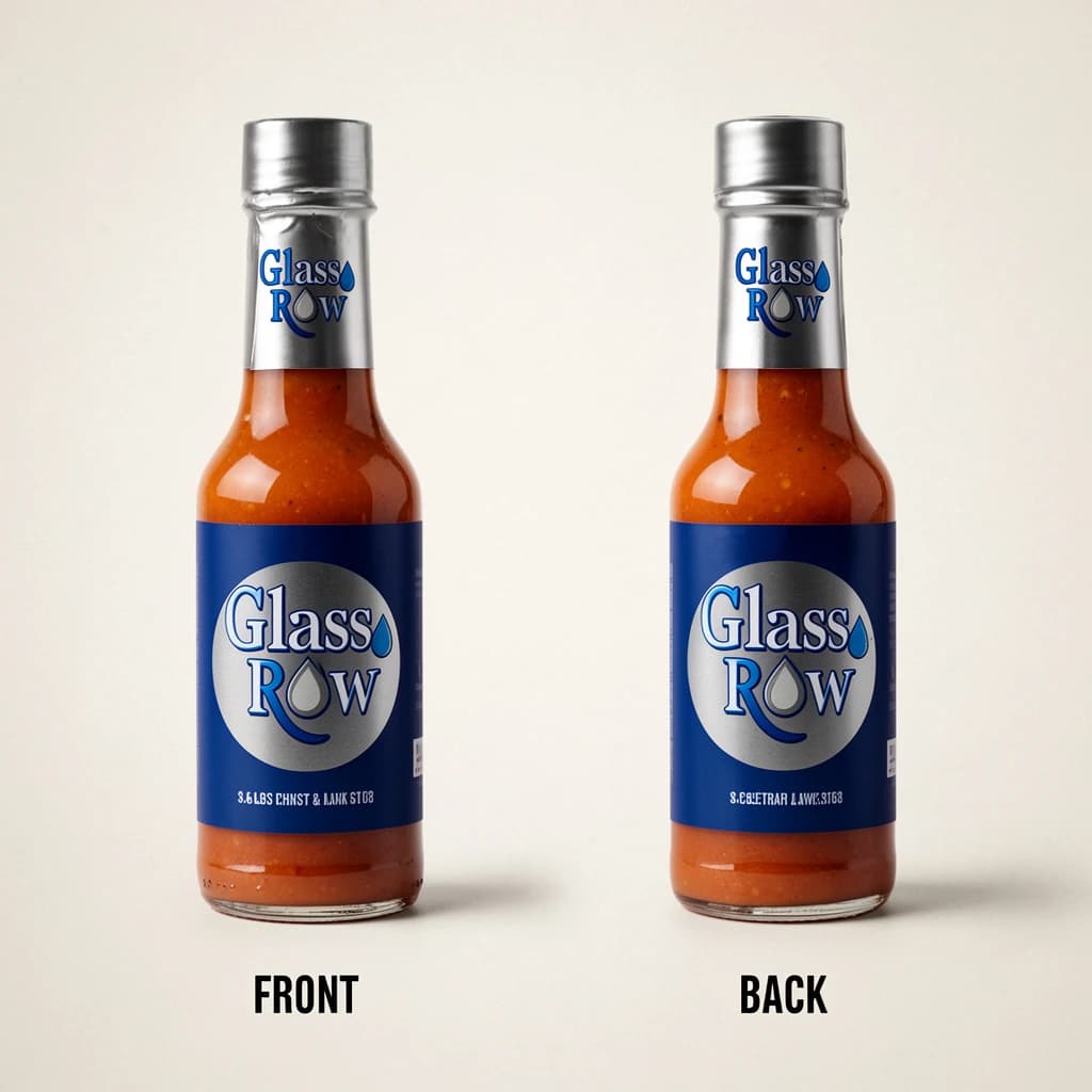 Printed poster of the same hot-sauce bottle drawn in two views, captioned "front" and "back", every view carrying the wordmark "Glass & Row" with a single droplet symbol beside it in the same blue-and-silver coloring, only the angle changing.