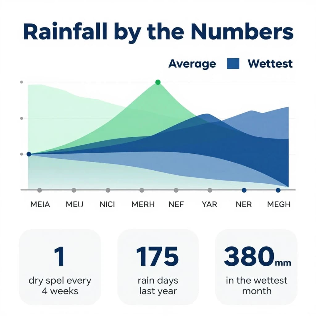 Flat infographic titled "Rainfall by the Numbers": at the center a twelve-month rainfall timeline, carrying two keyed regions, "Average" shaded pale green and "Wettest" shaded dark blue, beside a bottom row of three stat chips reading "1 dry spell every 4 weeks", "175 rain days last year" and "380mm in the wettest month".