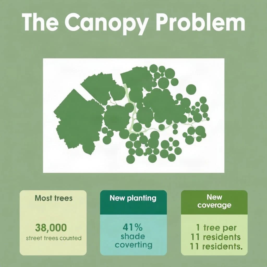 Printed poster titled "The Canopy Problem". A labeled street-tree diagram sits at the center, carrying two keyed regions, "Most trees" shaded dark green and "New planting" shaded light blue. Three stat chips run down a bottom row, reading "38,000 street trees counted", "41% shade coverage" and "1 tree per 11 residents". Each key color matches the shading of the region it names.
