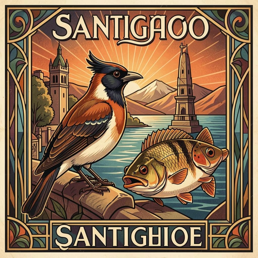 Crested Myna and Gudgeon in Santiago, Chile in the style of art deco