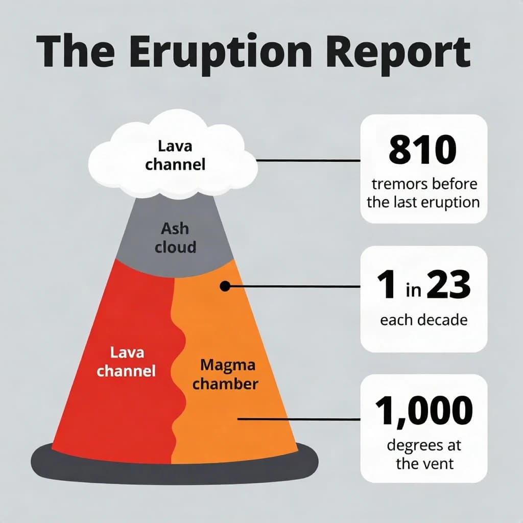 Flat vector illustration titled "The Eruption Report". A cutaway cone sits at the center, carrying three keyed regions, "Lava channel" shaded red, "Ash cloud" shaded gray and "Magma chamber" shaded orange. Three stat chips run down a right column, reading "810 tremors before the last eruption", "1 in 23 erupt each decade" and "1,000 degrees at the vent". Each key color matches the shading of the region it names.