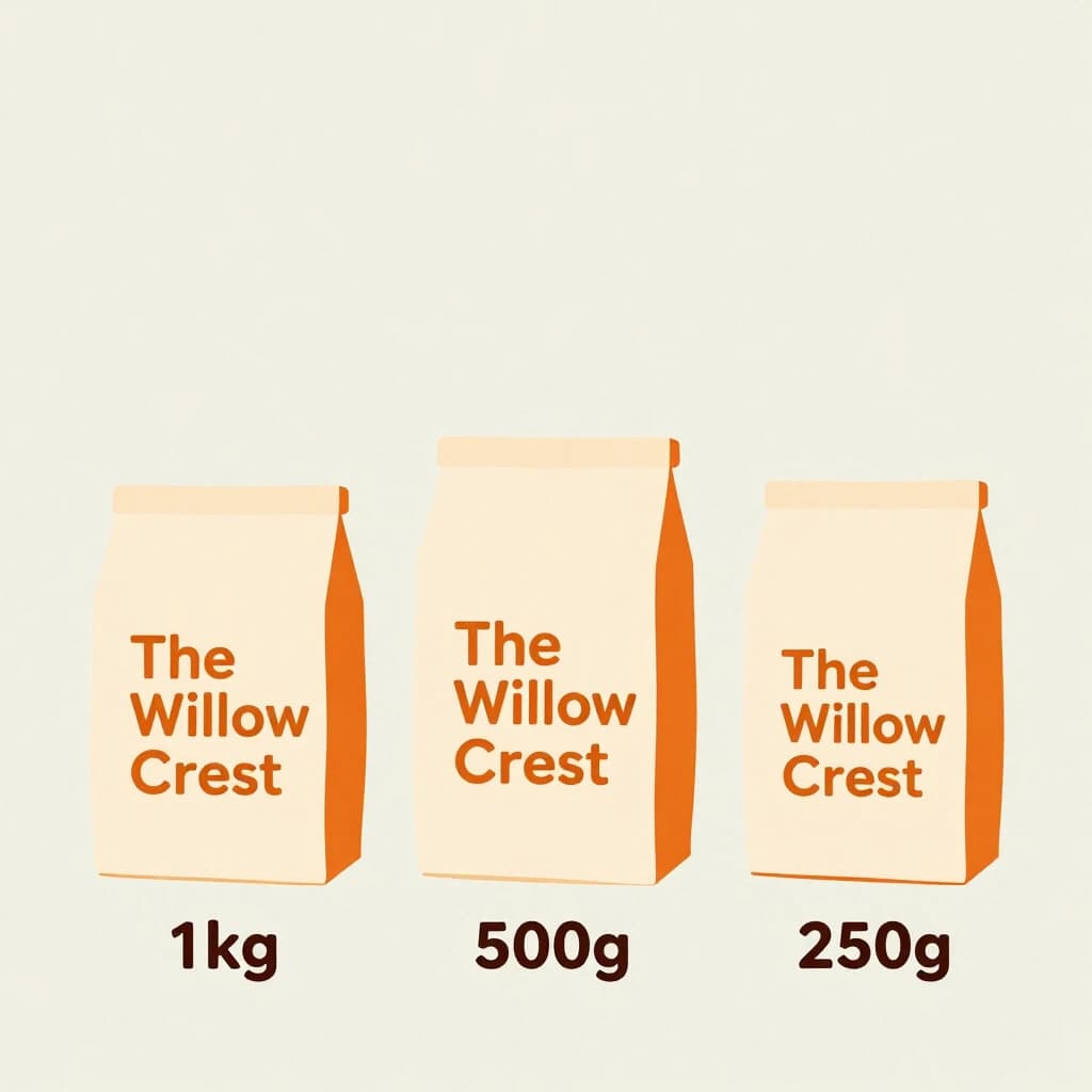 Flat vector illustration of the same coffee bag drawn in three sizes, captioned "1kg", "500g" and "250g", every size carrying the wordmark "The Willow Crest" in the same orange-and-brown coloring, only the bag size changing.