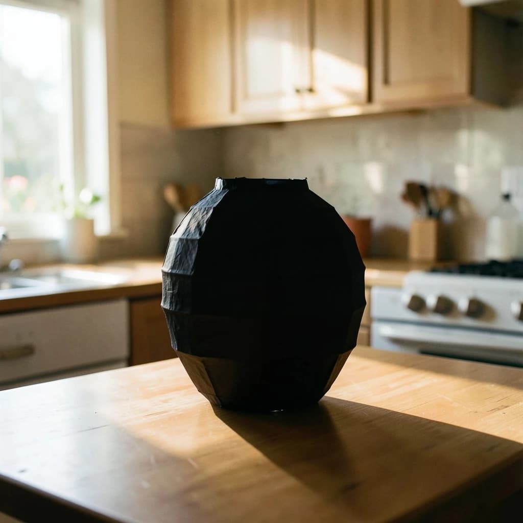 The still point when a paper lantern reads as a single dark silhouette, in a sunlit kitchen, under soft morning light.