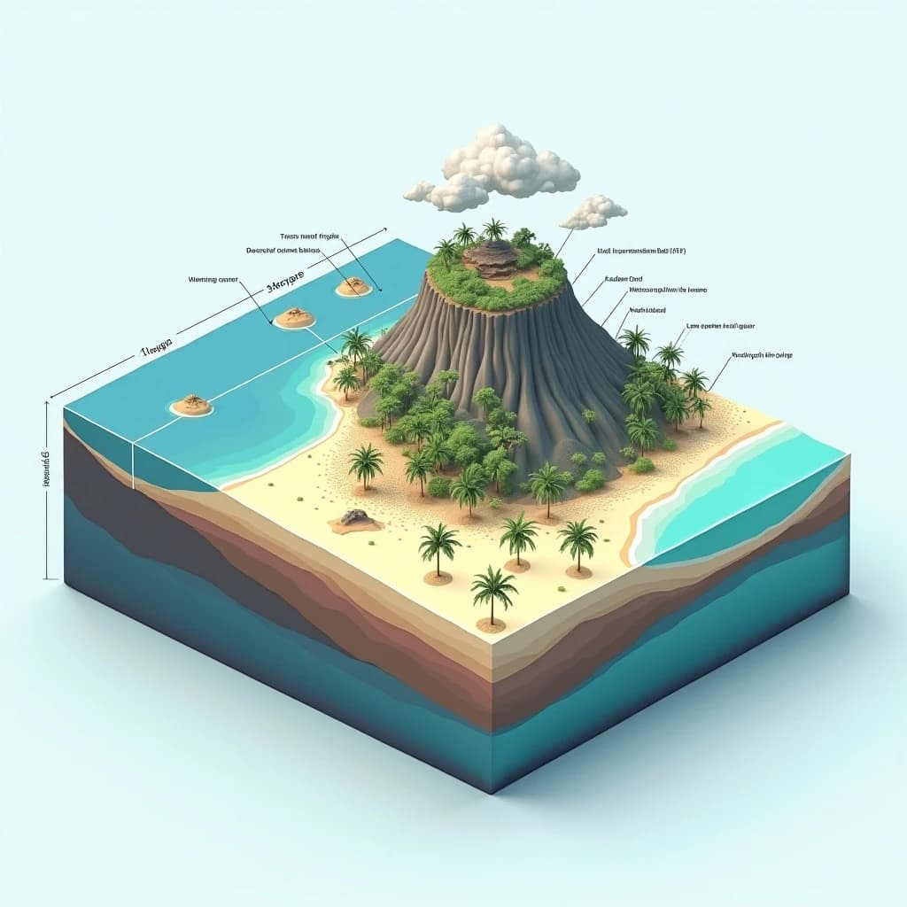 Cross section of a volcanic tropical island as a flat academic figure with clean colour blocks and a horizontal sea level line. Reading from the ocean on the left toward the right: a fringing reef crest, a shallow lagoon holding three coral heads, a white sand beach, a coconut palm belt of five trees, then a rising basalt cone with two lava layers picked out in darker grey, and a freshwater lens drawn as a pale blue dome under the middle of the island. Below sea level the flanks drop in three stepped terraces to a flat deep floor. Eight leader line labels, a depth scale down the left edge, and a small locator inset in the top right.