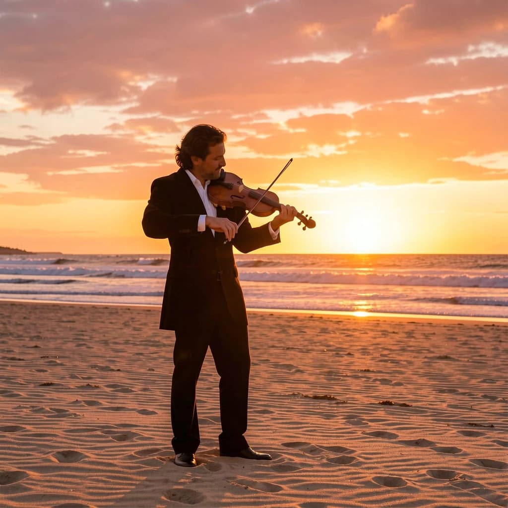 still violinist on open sand, sunset