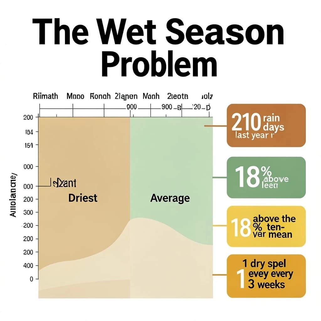 Printed poster titled "The Wet Season Problem". A twelve-month rainfall timeline sits at the center, carrying two keyed regions, "Driest" shaded sand and "Average" shaded pale green. Three stat chips run down a right column, reading "210 rain days last year", "18% above the ten-year mean" and "1 dry spell every 13 weeks". Each key color matches the shading of the region it names.