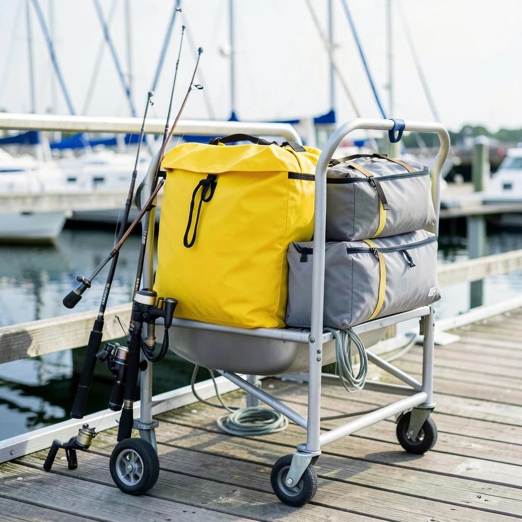 Lifestyle listing photo on a marina dock: a folding dock cart holding three dry bags, the largest yellow and the two smaller ones grey, two fishing rods leaning against the handle, and one coiled dock line hanging from the front rail. Masts blurred behind.