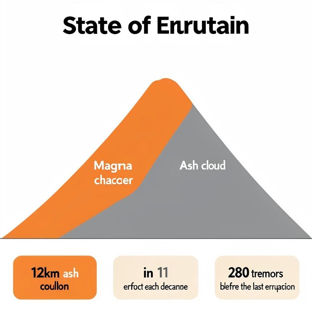 Flat infographic titled "State of Eruption". A simplified hazard map of the slopes sits at the center, carrying two keyed regions, "Magma chamber" shaded orange and "Ash cloud" shaded gray. Three stat chips run down a bottom row, reading "12km ash column", "1 in 11 erupt each decade" and "280 tremors before the last eruption". Each key color matches the shading of the region it names.